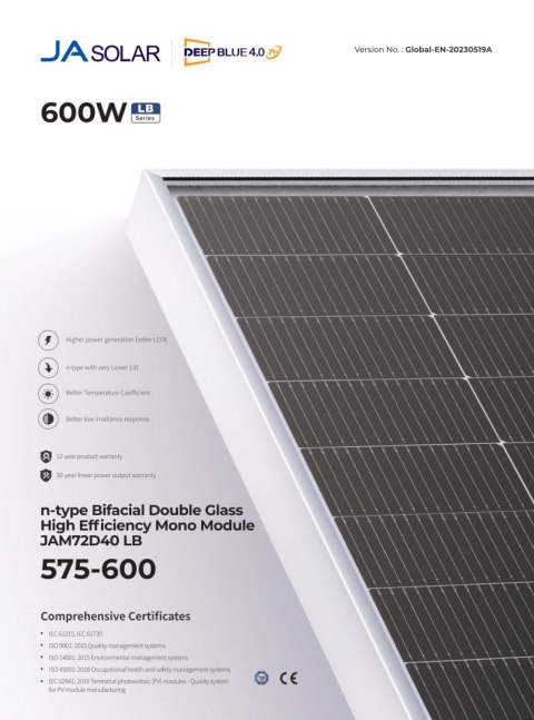 JA SOLAR JAM72D40-595W LB BIFACIAL (N-Type) MC4-EVO2 JA SOLAR JAM72D40-595W LB BIFACIAL (N-Type) MC4-EVO2