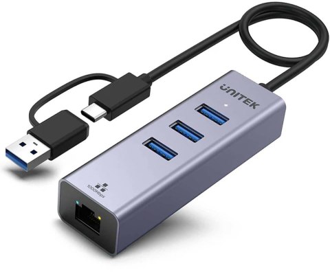 Unitek Hub USB C 4w1 Ethernet 3 x USB A 5 Gbps z adapterem USB A Unitek Hub USB C 4w1 Ethernet 3 x USB A 5 Gbps z adapterem USB A